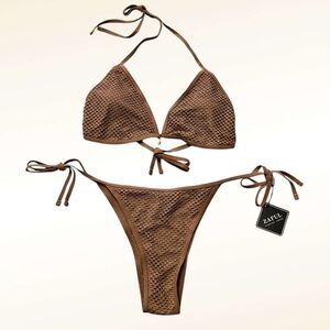 Zaful Brown Fishnet String Bikini NWT Size Large Shell Detail Beach
